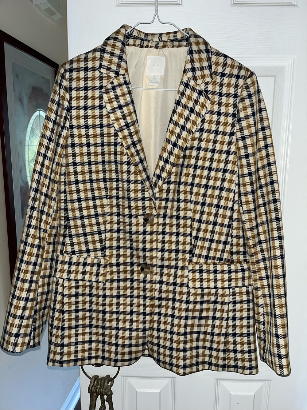 H&M Plaid Blazer in Cream, Brown & Black